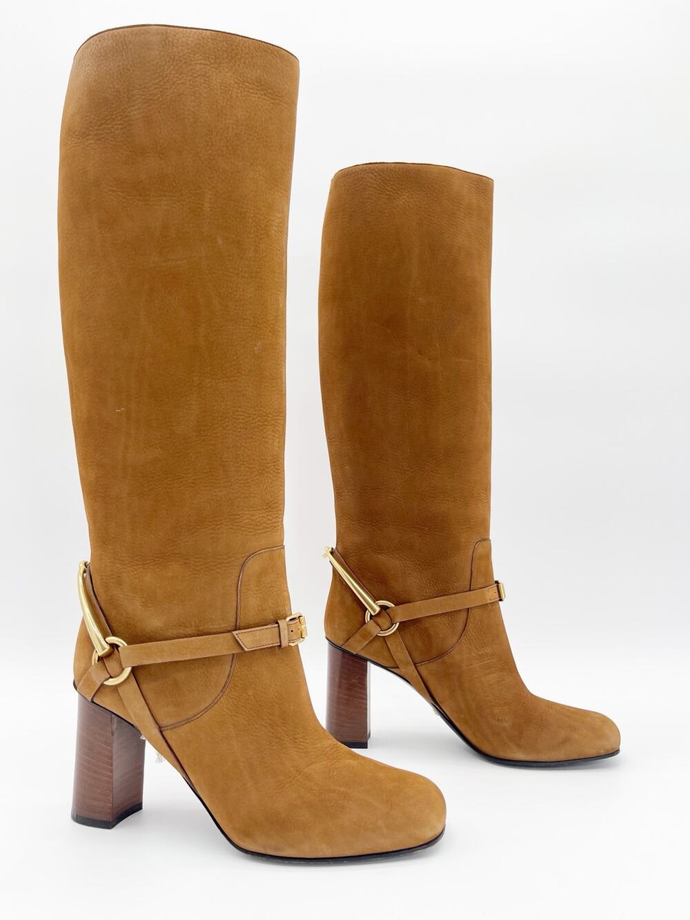Gucci Tess Camel Tan Nubuck Horsebit Harness Knee High Block Heel Boots IT 38